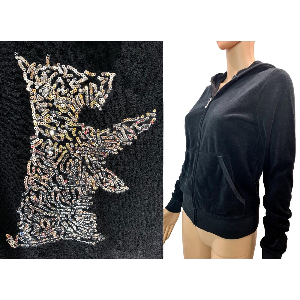 Vintage Juicy Couture Black Terry Jacket w Sequin Dog Terrier on Back | S/M